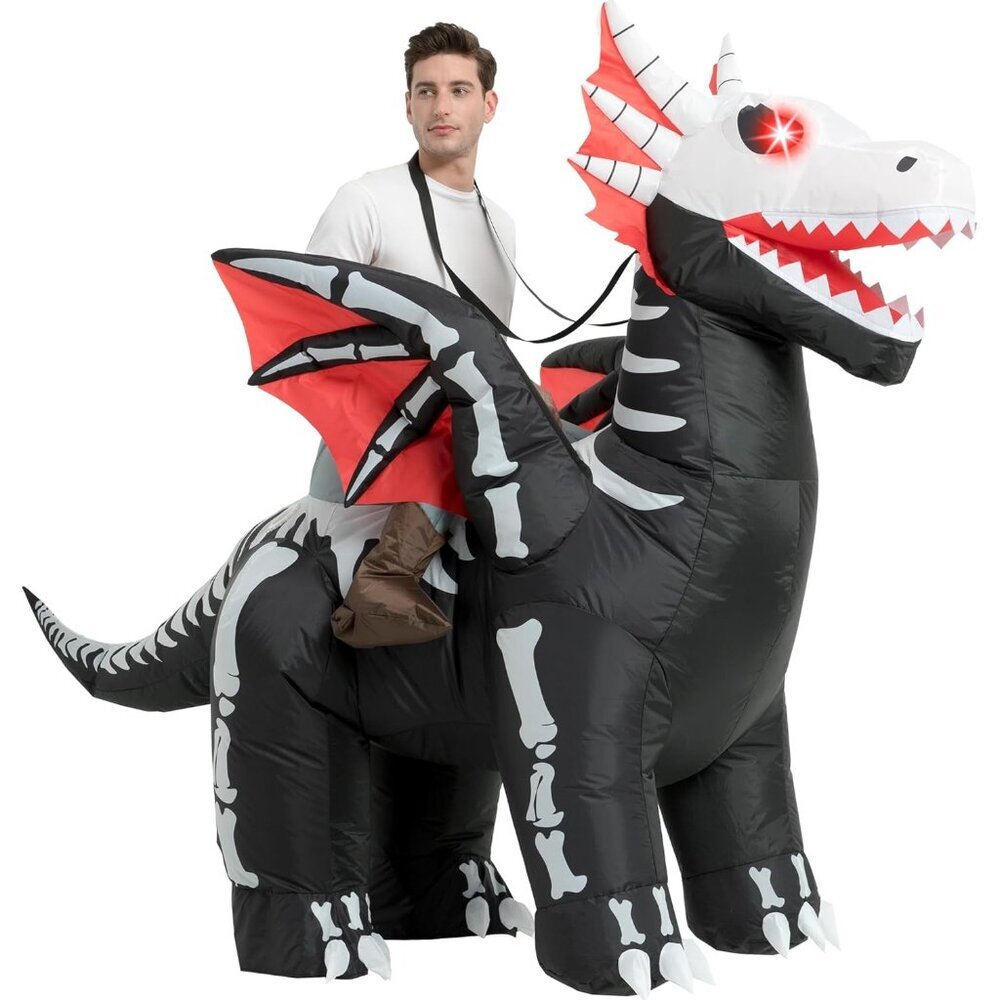 Inflatable Costume Adult,Blow Up LED Light Eyes Skeleton Dragon Suit,Ride On Hal